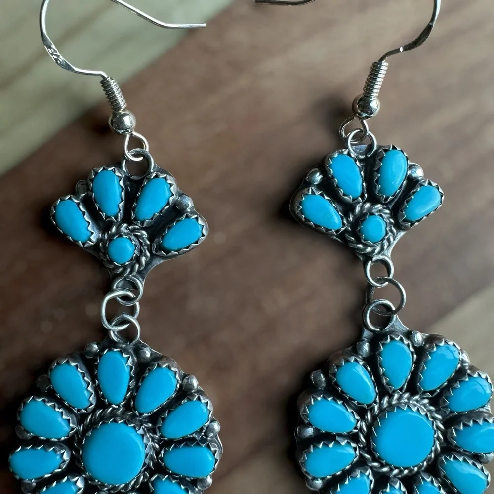 Vintage Zuni Hook Dangle Earrings 3.4 Inch Blue Turquoise 925 Sterling 12.5g